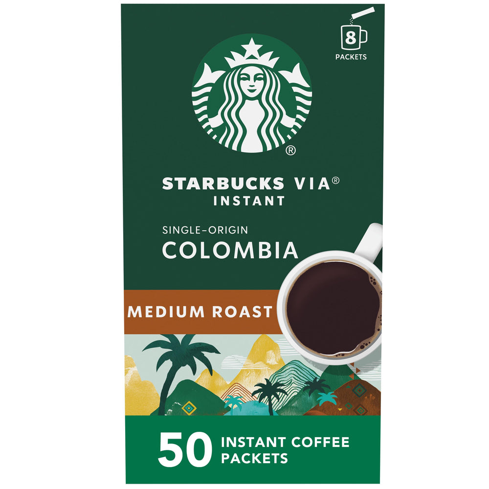 Starbucks VIA Ready Brew Colombia box and packets for convenient premium coffee at home