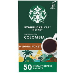 Starbucks VIA Ready Brew Colombia box and packets for convenient premium coffee at home