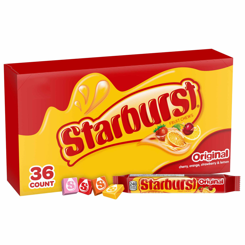 Starburst Original Fruit Chews 36-pack box showing colorful flavors for parties