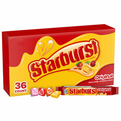Starburst Original Fruit Chews 36-pack box showing colorful flavors for parties
