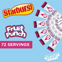 Starburst Singles To Go fruit punch box packaging highlights sugar-free, low-calorie mix.