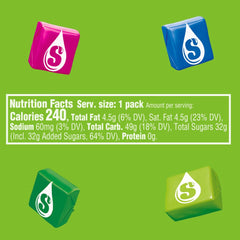 STARBURST Sour Fruit Chews flavors closeup highlighting strawberry, green apple, raspberry, watermelon.