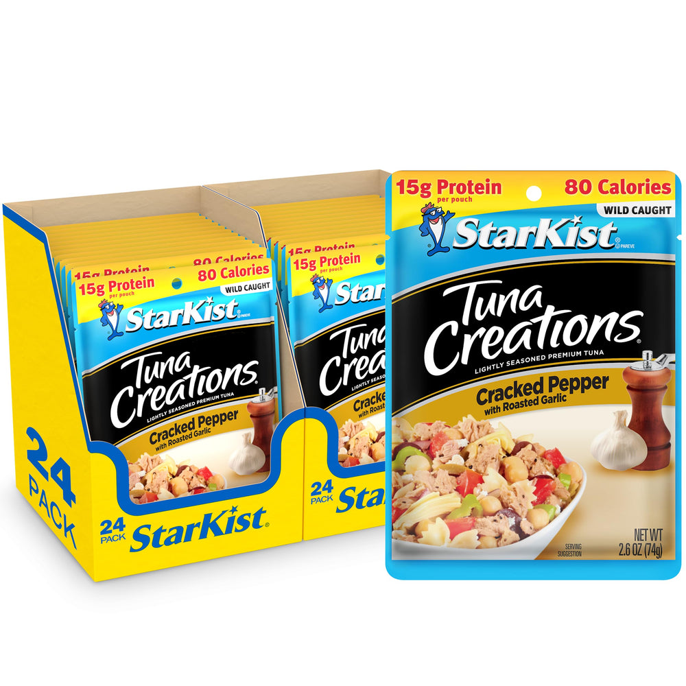 StarKist Cracked Pepper with Roasted Garlic pouch front view, ready-to-eat protein snack.