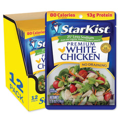 StarKist Less Sodium Premium White Chicken pouch close-up showing tender, ready-to-eat chicken.
