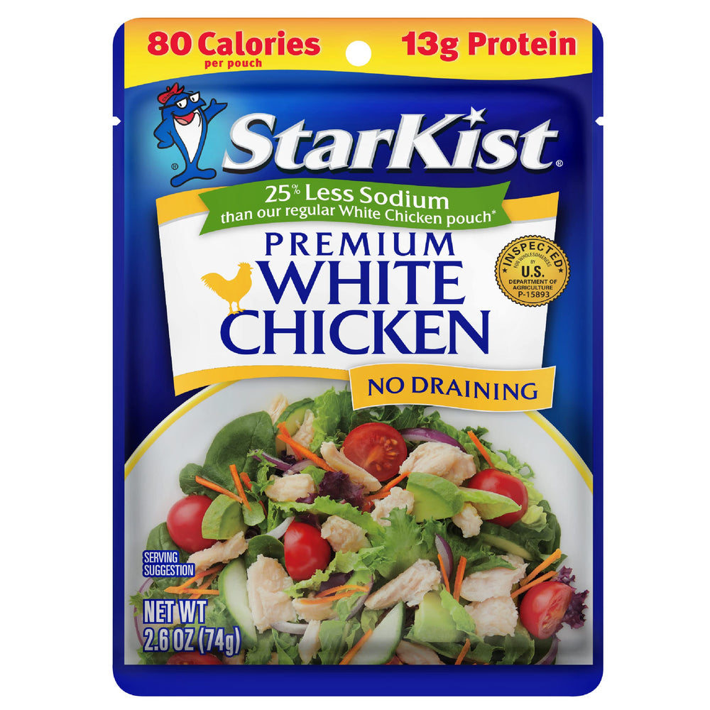StarKist Less Sodium Premium White Chicken pouch front view, convenient protein for snacks.