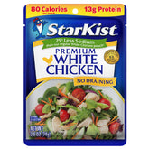 StarKist Less Sodium Premium White Chicken pouch front view, convenient protein for snacks.