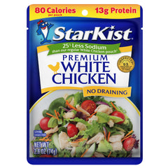 StarKist Less Sodium Premium White Chicken pouch front view, convenient protein for snacks.