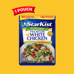 StarKist Less Sodium Premium White Chicken pouch packaging, compact for travel.