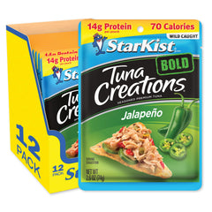 StarKist Tuna Creations Bold Jalapeño 12-pack on pantry shelf, ready-to-eat protein
