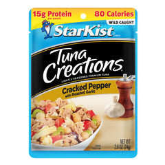 StarKist Tuna Creations Cracked Pepper with Roasted Garlic pouch, ready-to-eat protein on the go.
