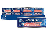 StarKist Wild Pink Salmon cans on a store shelf, MSC-certified, a sustainable protein choice.