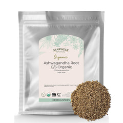 Starwest Botanicals Ashwagandha root dried bag, ideal for calming evening tea blends.