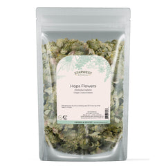 Starwest Botanicals dried hops flowers whole bag with earthy pine citrus aroma for tea.