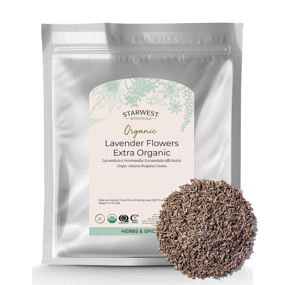Starwest Botanicals dried lavender flowers close-up, ideal for aroma and flavor.