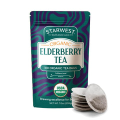 Starwest Botanicals Elderberry Tea bags reveal rich color and caffeine-free comfort.