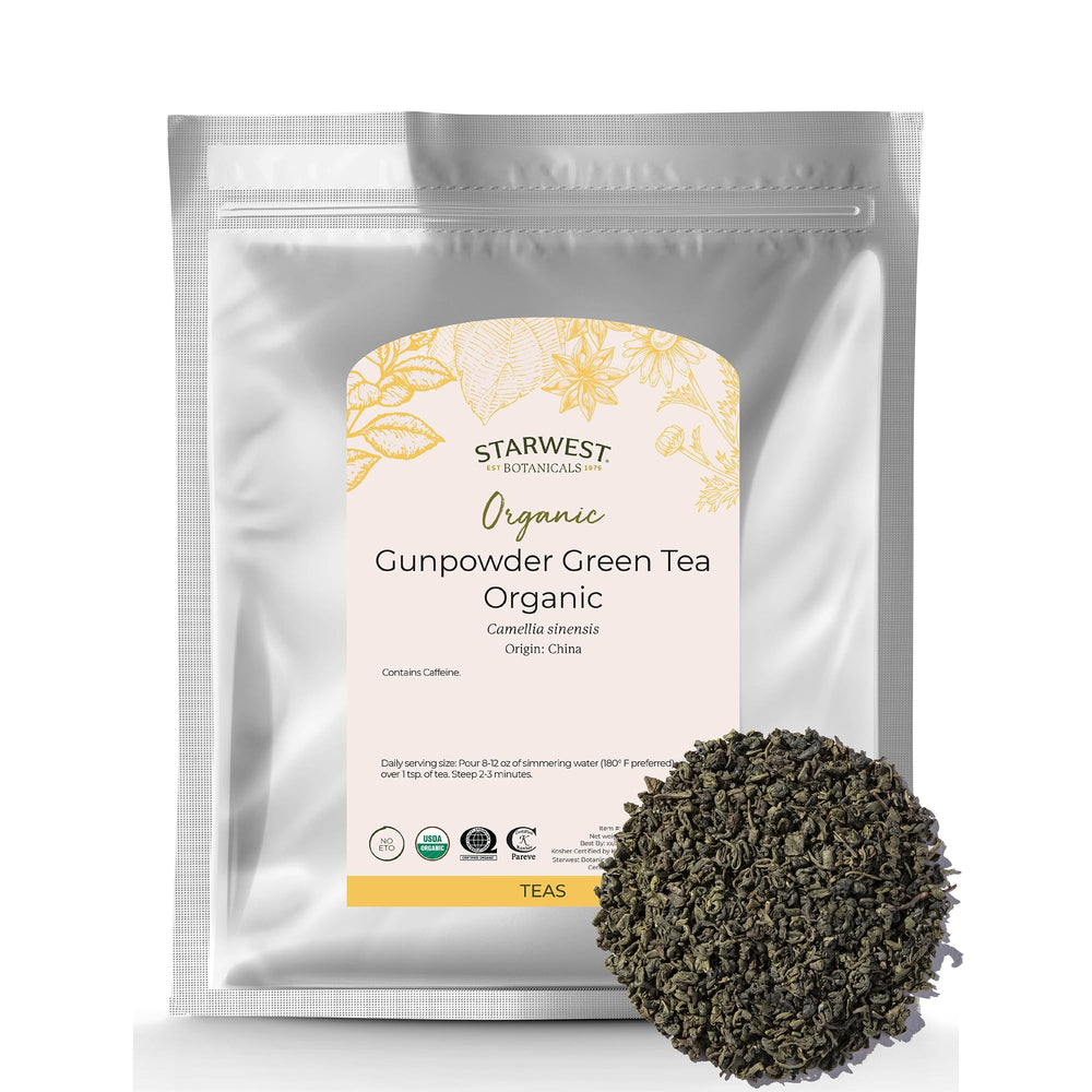 Starwest Botanicals Gunpowder Green Tea loose leaves show vibrant, tightly rolled leaves for bold flavor.
