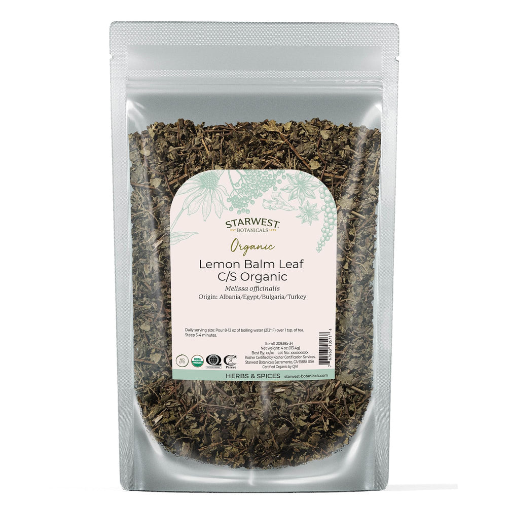 Starwest Botanicals lemon balm leaves in a bag ready for herbal tea.