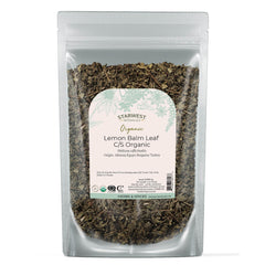 Starwest Botanicals lemon balm leaves in a bag ready for herbal tea.