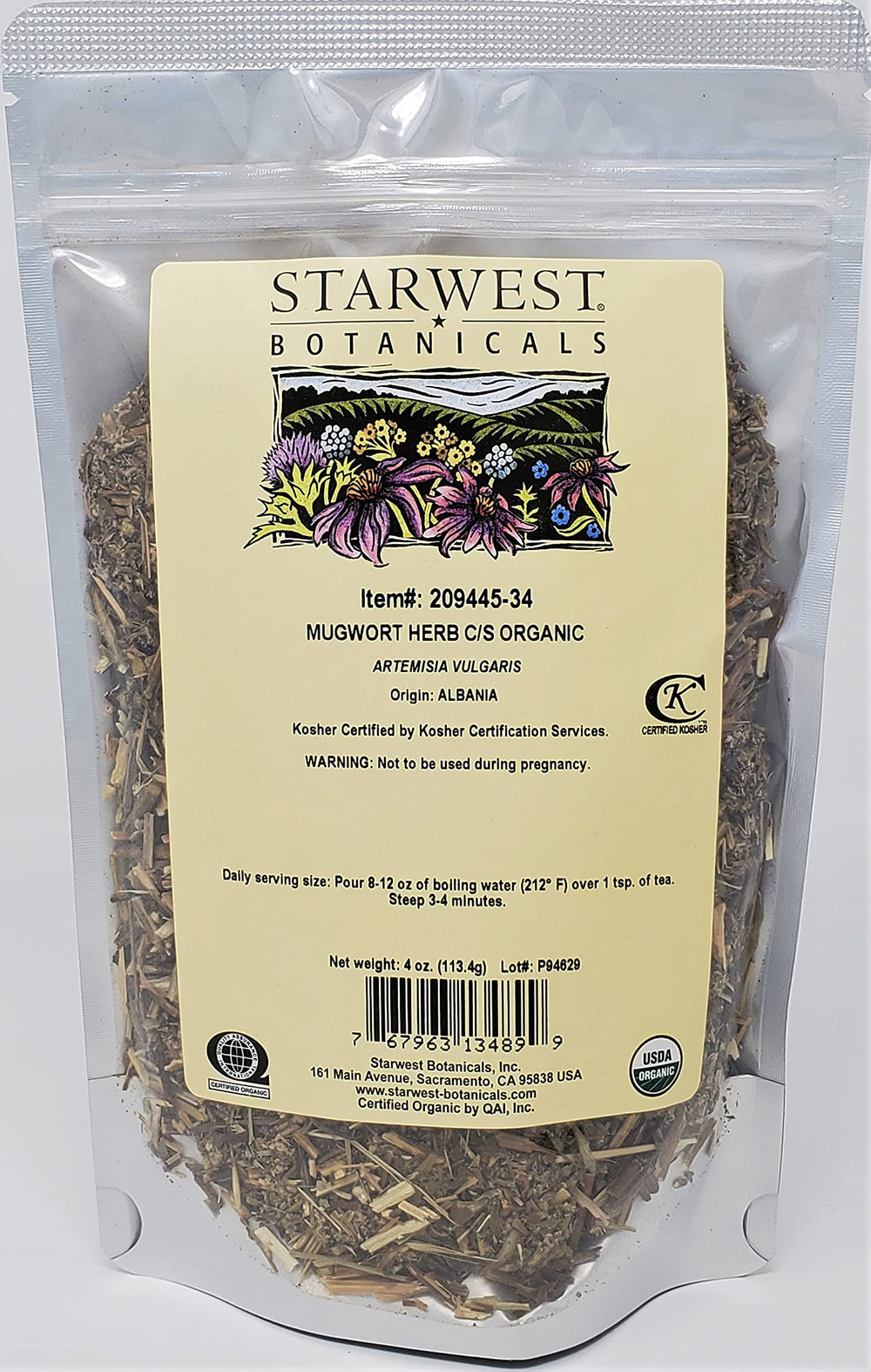 Starwest Botanicals mugwort herb cut & sifted for tea infusion and aroma.