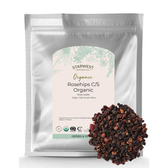 Starwest Botanicals Organic Rosehips Seedless Cut and Sifted in a resealable bag for tea.