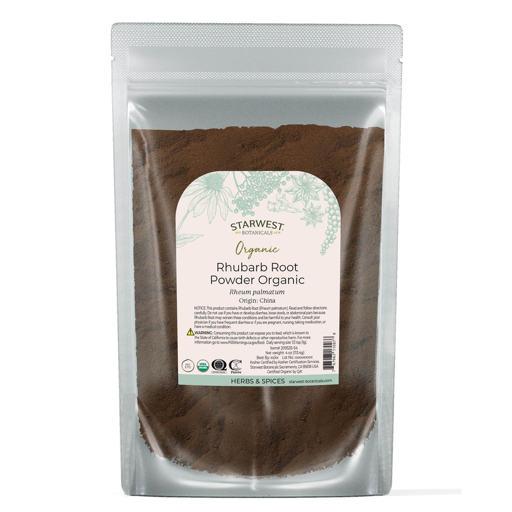 Starwest Botanicals Rhubarb Root Powder bag on kitchen counter for versatile culinary uses.
