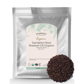 Starwest Botanicals roasted dandelion root tea cup highlights warm, toasty flavor for caffeine-free enjoyment