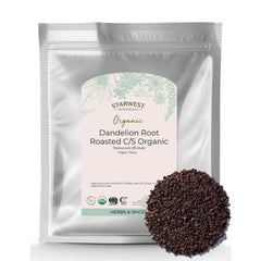 Starwest Botanicals roasted dandelion root tea cup highlights warm, toasty flavor for caffeine-free enjoyment