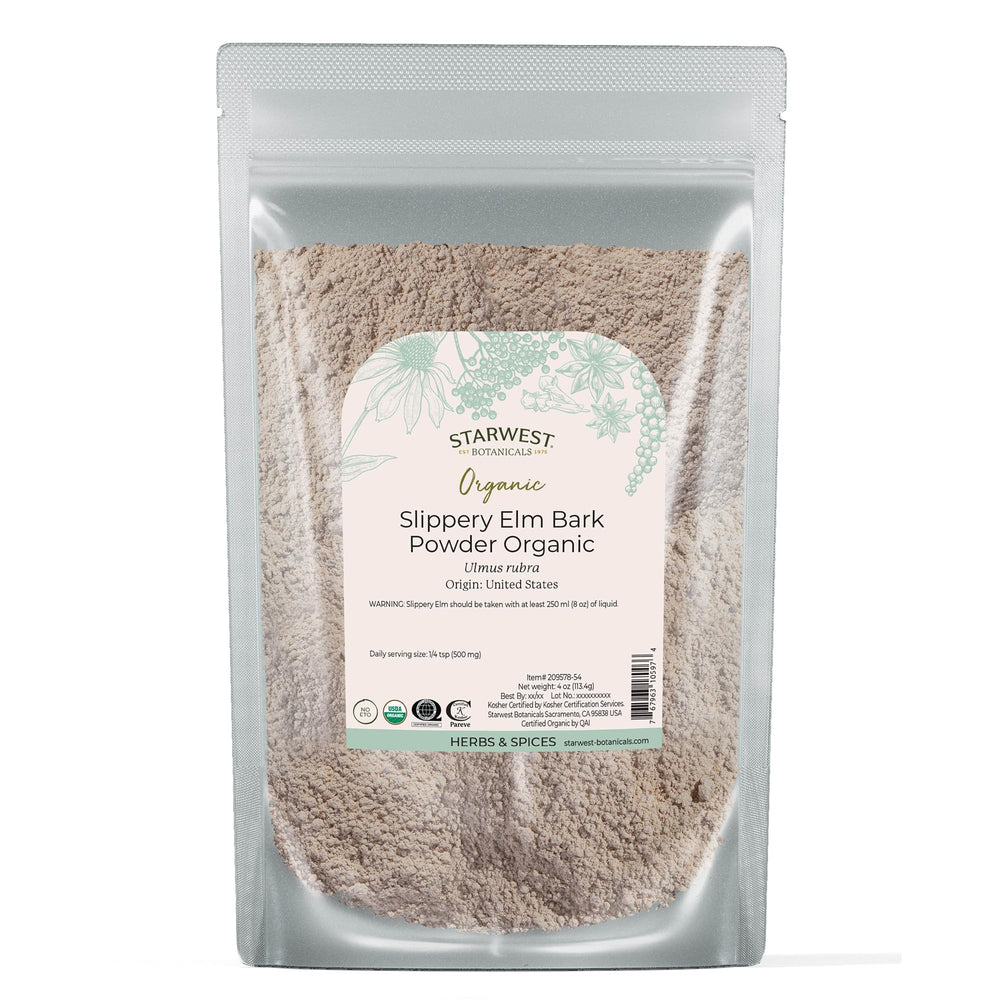 Starwest Botanicals slippery elm bark powder packaging showcasing organic quality for tea preparation