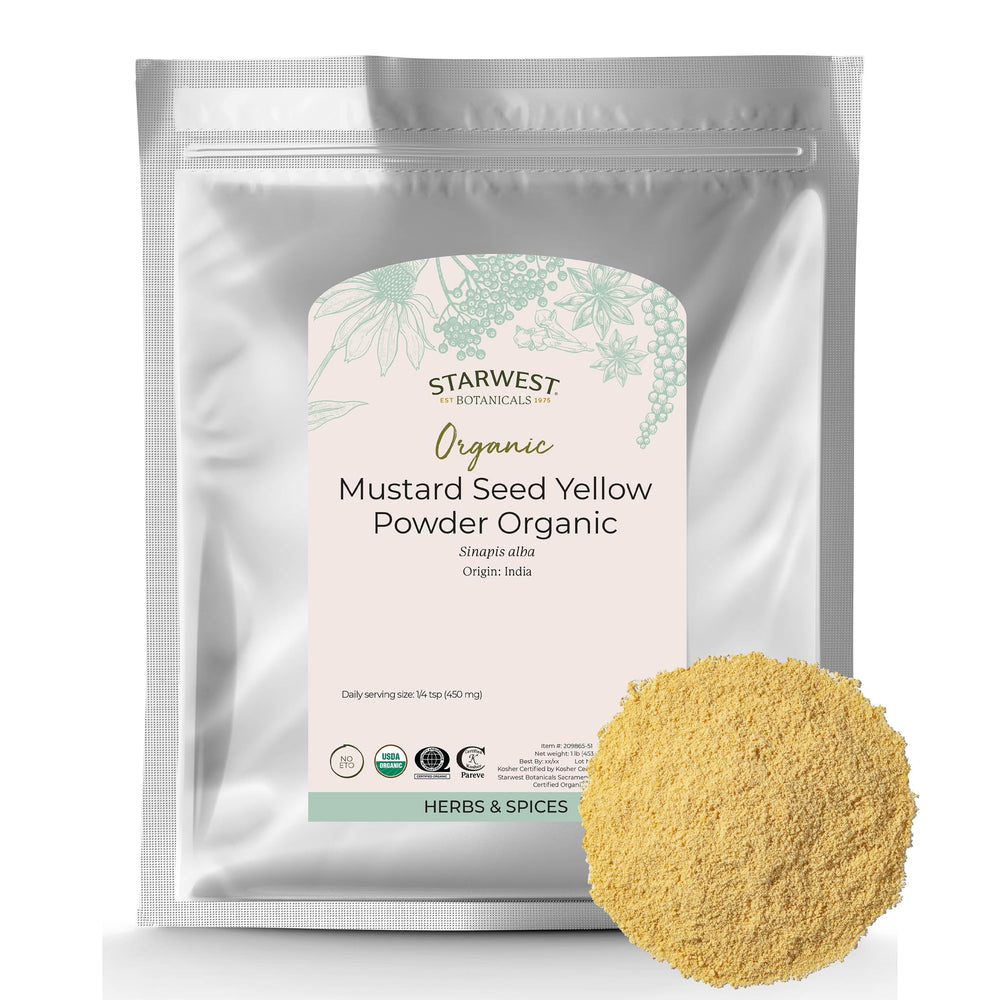 Starwest Botanicals yellow mustard seed powder in a resealable bag for versatile cooking