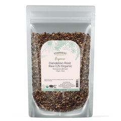Starwest Botanicals organic dandelion root tea packaging front, highlighting purity and sustainability.