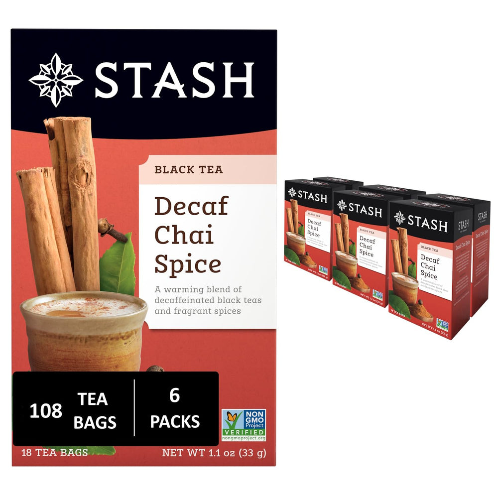 Stash Decaf Chai Spice tea bag closeup showing rich aroma and caffeine-free option