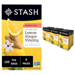 Stash Lemon Ginger Vitality tea pack front view—caffeine-free refreshment.