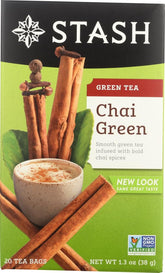 Stash Tea Chai Green Tea front pack with two boxes for quick mornings