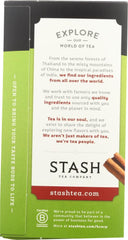 Close-up of Stash Tea Chai Green Tea bag showing a chai green blend aroma