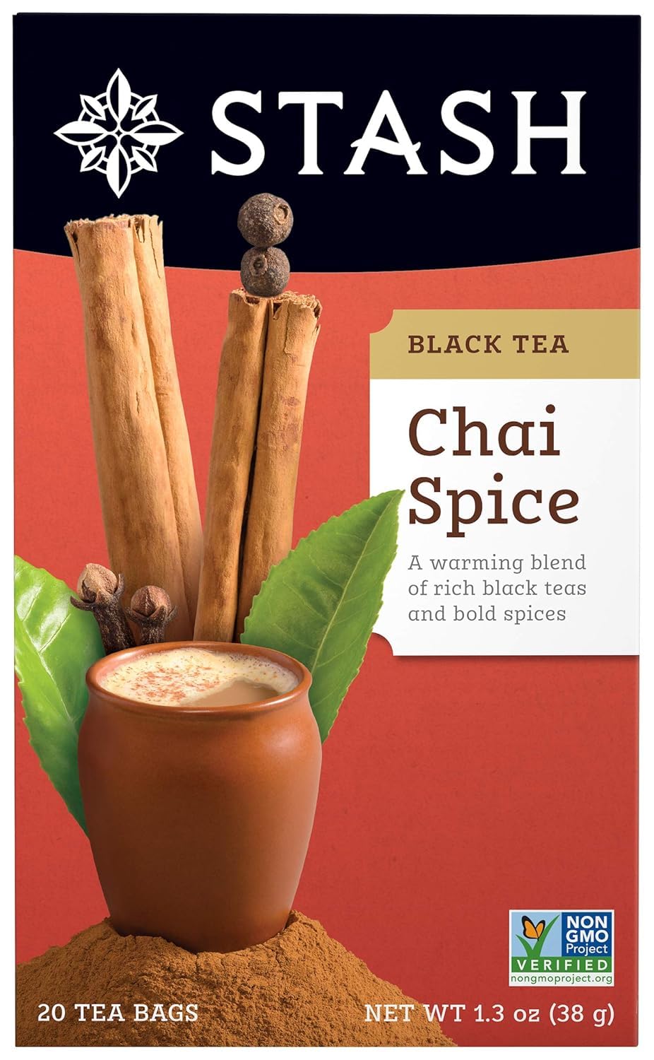 Stash Tea chai spice black tea box, rich aroma for cozy mornings.