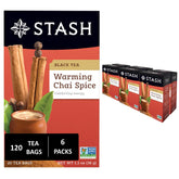 Stash Tea Chai Spice Black Tea boxes shown as a six-pack for freshness
