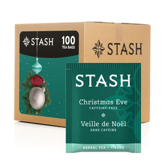 Stash Christmas Eve tea box with 100-count bulk packaging for easy stocking.