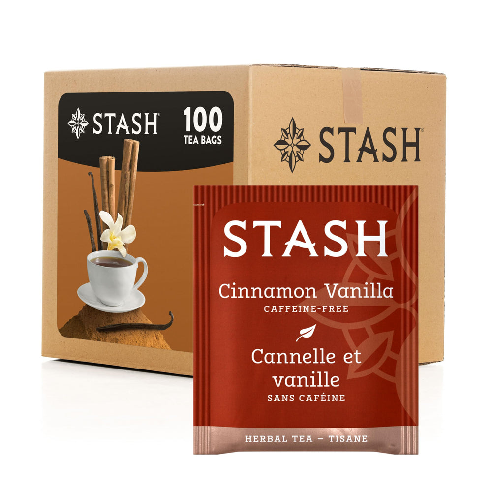 Stash Cinnamon Vanilla Herbal Tea bags offer caffeine-free calm.