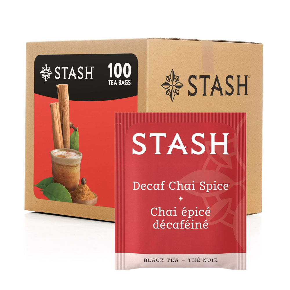 Stash Decaf Chai Spice tea bags ready to brew a flavorful cup.