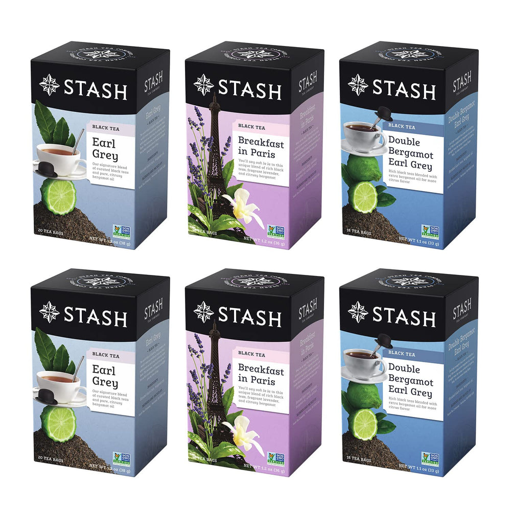 Stash Tea Earl Grey sampler boxes shown for hot or iced brewing.