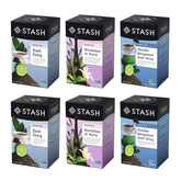 Stash Tea Earl Grey sampler boxes shown for hot or iced brewing.