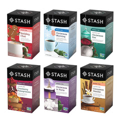 Stash Tea Holidays collection box showcasing six festive flavors for gifting