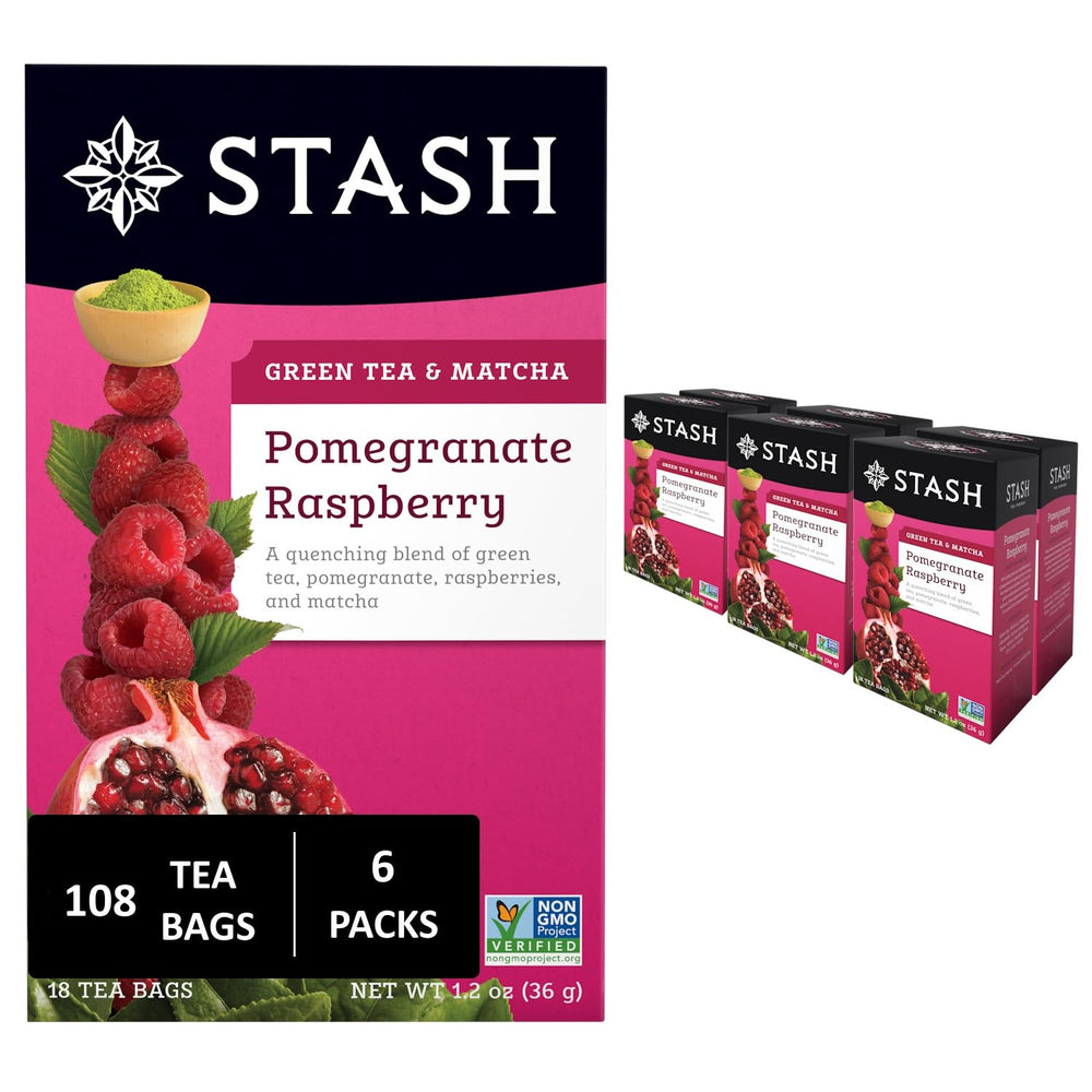 Stash Tea pomegranate raspberry matcha tea bags ready for a bright cup