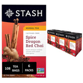 Stash Spice Dragon Red Chai tea bags on display, inviting comforting warmth and caffeine-free sipping.