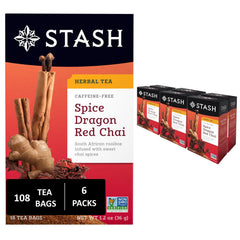Stash Spice Dragon Red Chai tea bags on display, inviting comforting warmth and caffeine-free sipping.