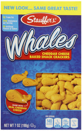 Stauffer's Whales Snack Crackers baked cheddar close-up showing a crispy bite