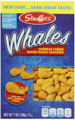 Stauffer's Whales Snack Crackers baked cheddar close-up showing a crispy bite
