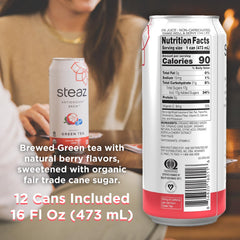 Steaz Organic Green Tea Superfruit can back view showing nutrition and fair trade label.