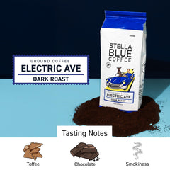 Stella Blue Electric Avenue coffee beans close-up, highlighting ethical sourcing and vibrant flavor.