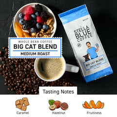 Stella Blue 12oz bag highlights medium roast with caramel and hazelnut notes